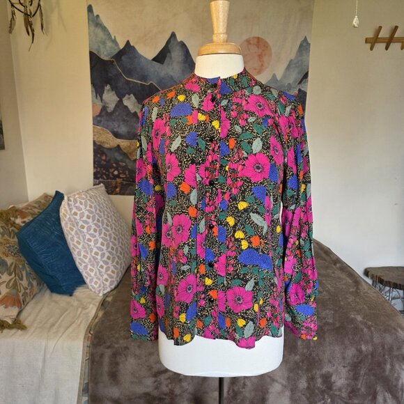Hunter Bell Taylor Top Silk Floral Blouse Button Front Billow Sleeve Size L - Picture 3 of 16